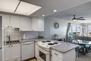 Fridge, microwave, oven, stovetop - Gulfstream Condos Unit 205 | Corner Unit with Beachfront Balcony (Corpus Christi)
