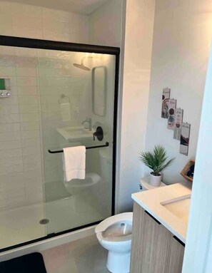 Shower, hair dryer, towels, soap
