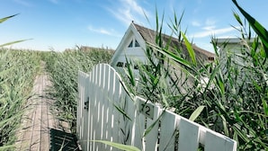 A white house with a thatched roof, surrounded by tall grass and a wooden fence with the number 12. - Seehütte Sonnenschilf (Rust)