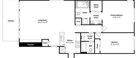 A floor plan of a hotel room with a balcony, living room, kitchen, powder room, bathroom, and bedroom.