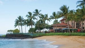 Une propriété située en bord de mer, avec un grand bâtiment, des palmiers et une plage de sable.