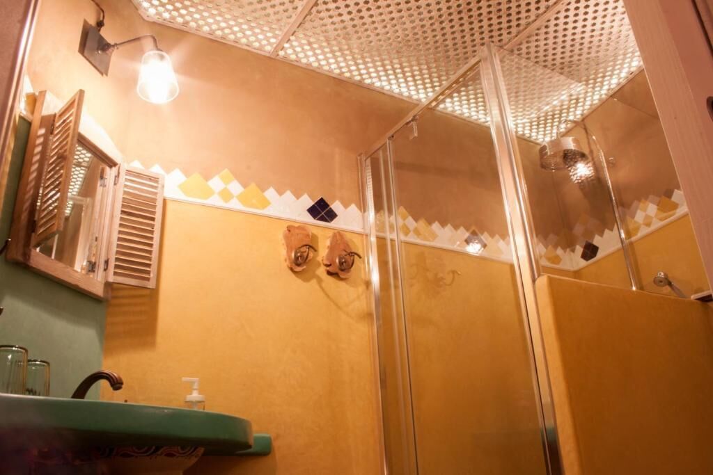 Une salle de bain avec une douche, un lavabo équipé d’un distributeur de savon et un miroir.