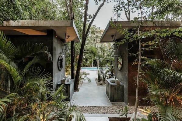 A pathway leading to a pool surrounded by lush greenery and modern architecture.