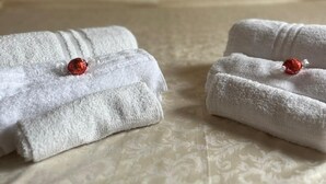 A bed with a tufted headboard and two neatly folded towels with red decorative items on them.