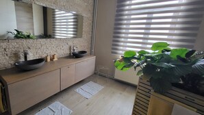 A modern bathroom with a stone wall, a large mirror, a wooden vanity, two sinks, and a potted plant. - Room-terrace of the Friends of Visé (Vise)