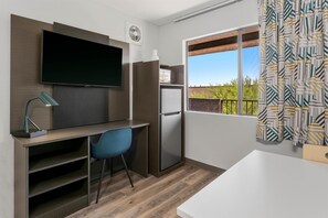 Desk, laptop workspace, blackout drapes, free WiFi