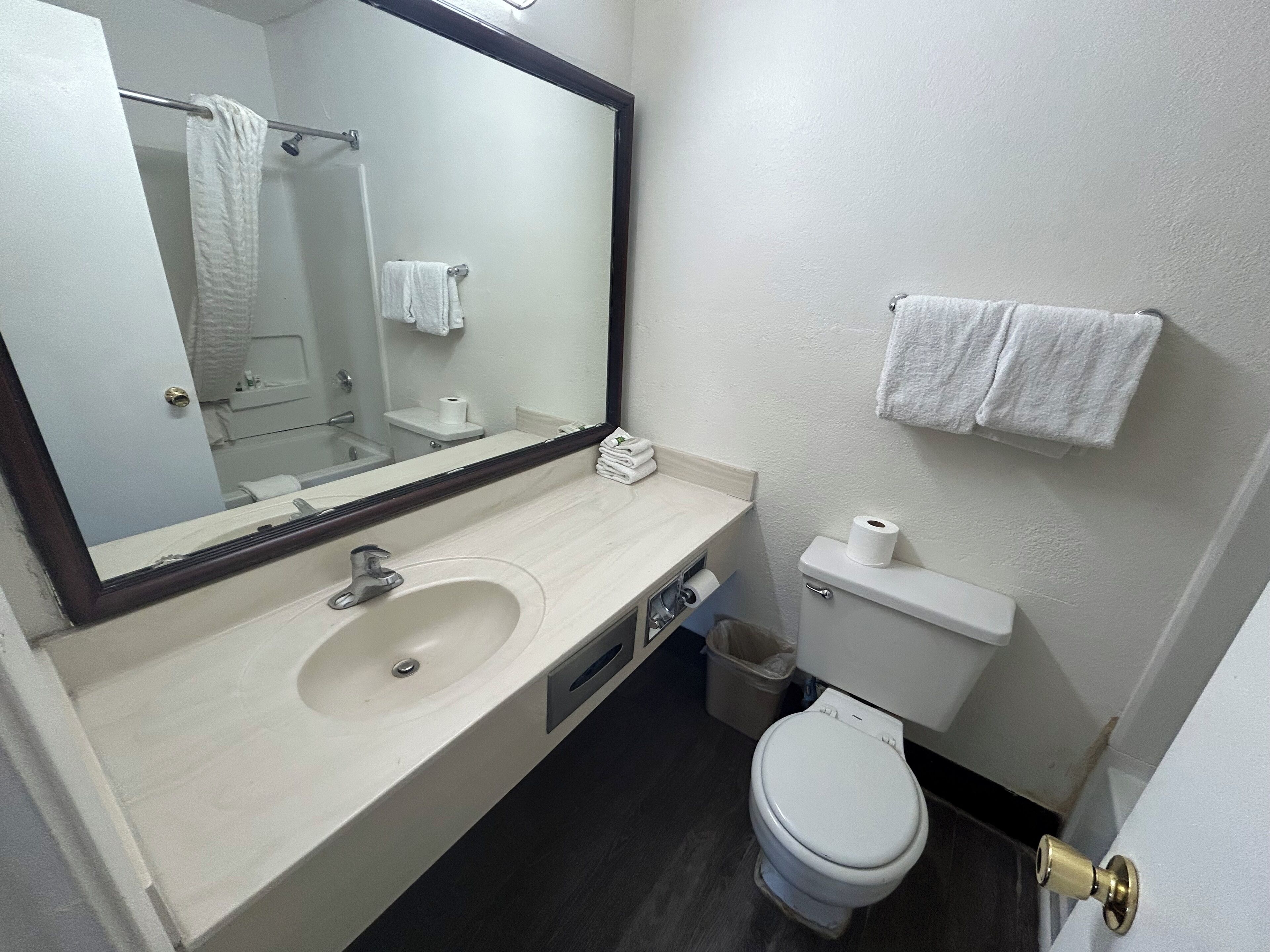 A small, clean bathroom with a sink, mirror, toilet, and towel rack.
