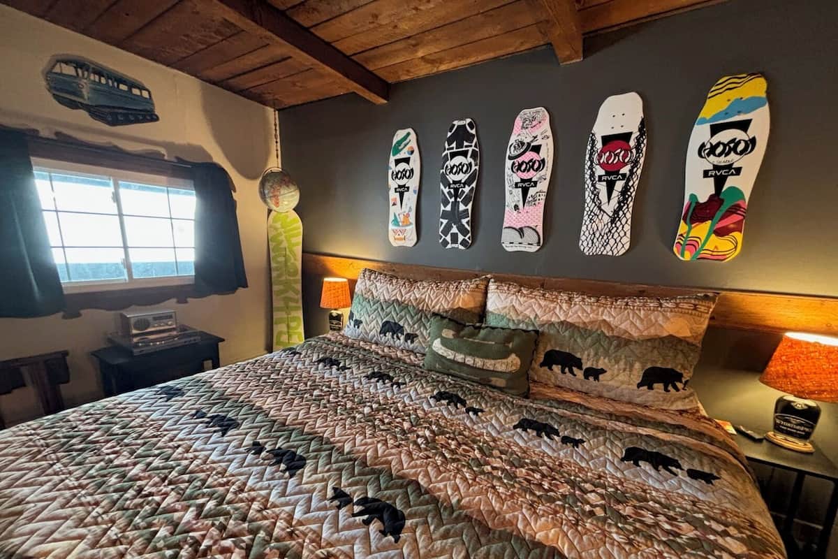 Un dormitorio con cama, televisor y un muro con tablas de snowboard.