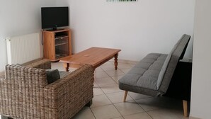 Una sala de estar con una televisión, una mesa de centro de madera, un sofá de mimbre y un sofá gris.