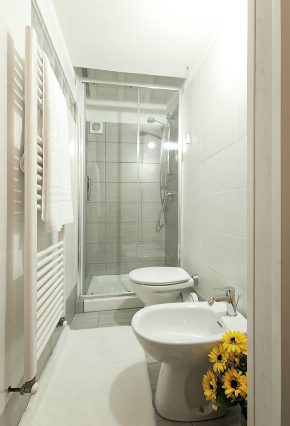 A modern bathroom with a glass-enclosed shower, a toilet, and a bidet.