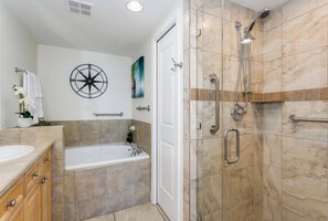 Jetted bath, hair dryer, towels, soap