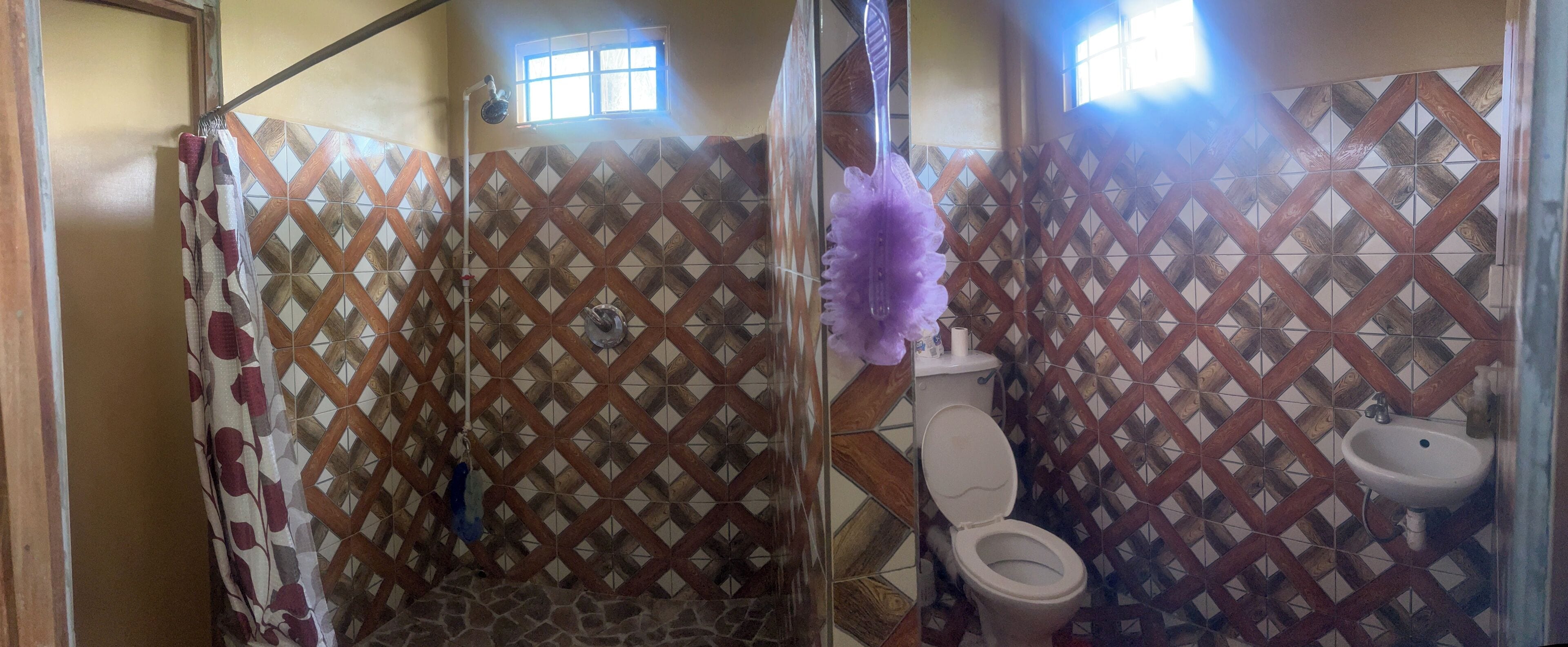 A bathroom with a shower, toilet, and sink.