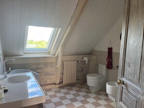 Hair dryer, bidet, towels, soap
