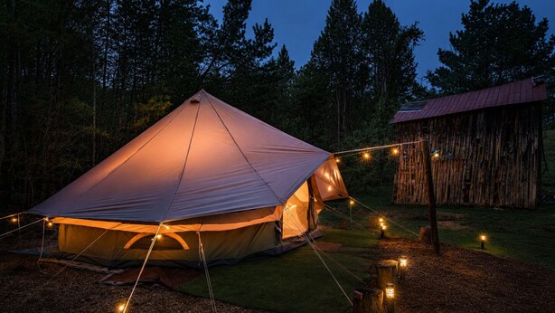 A tent with a tarp roof, surrounded by trees and a wooden structure. - Boho Off-grid Glamping at Honeysuckle Springs (Cosby)