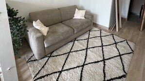 Un salon avec un canapé beige, un tapis à motifs géométriques, une étagère murale ornée d’une plante et un miroir.