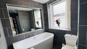 Une salle de bain moderne avec une baignoire sur pieds, des toilettes et un grand miroir.
