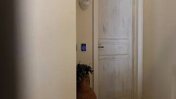 Un pasillo con una puerta blanca, un dispositivo de seguridad montado en la pared y una planta en maceta.