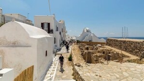 A narrow street with white buildings, a stone pathway, and a view of the sea.