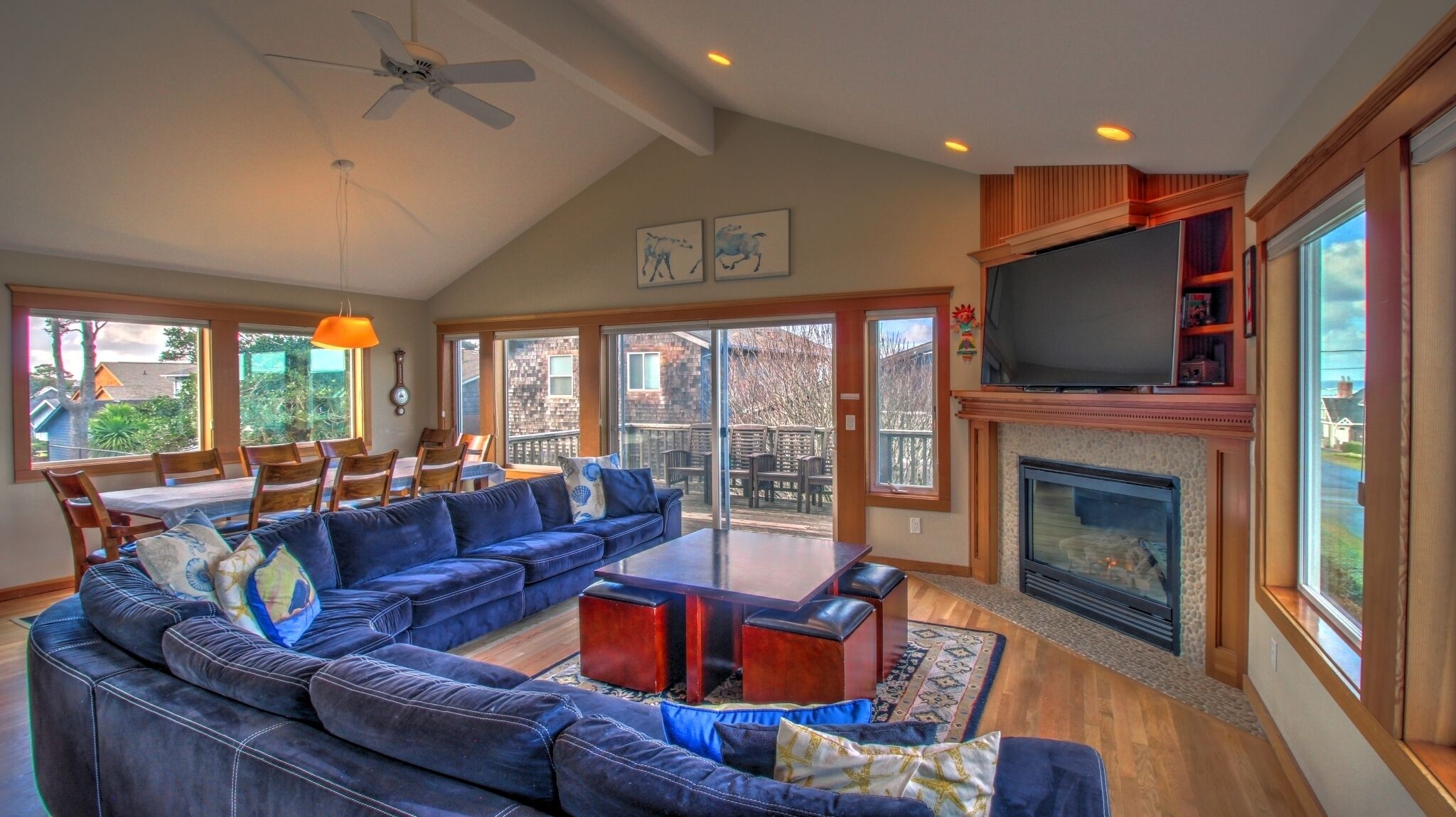 TV connectée, cheminée, livres