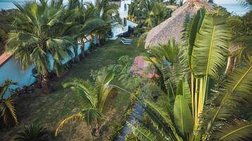 A tropical resort with a thatched-roof building, palm trees, and a clear view of the ocean.