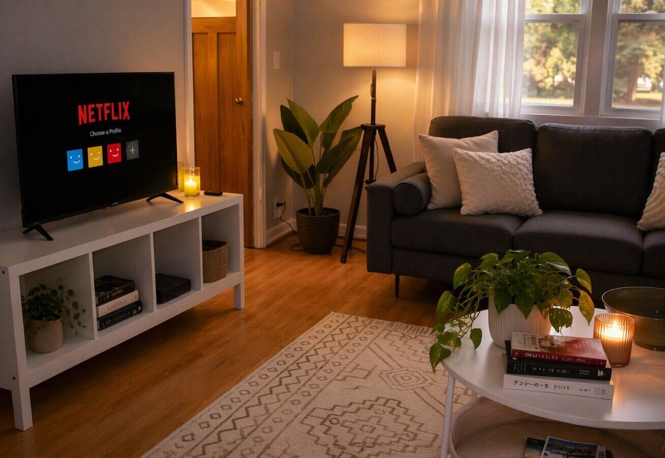 Télévision, livres, chaîne hi-fi, espaces bureaux