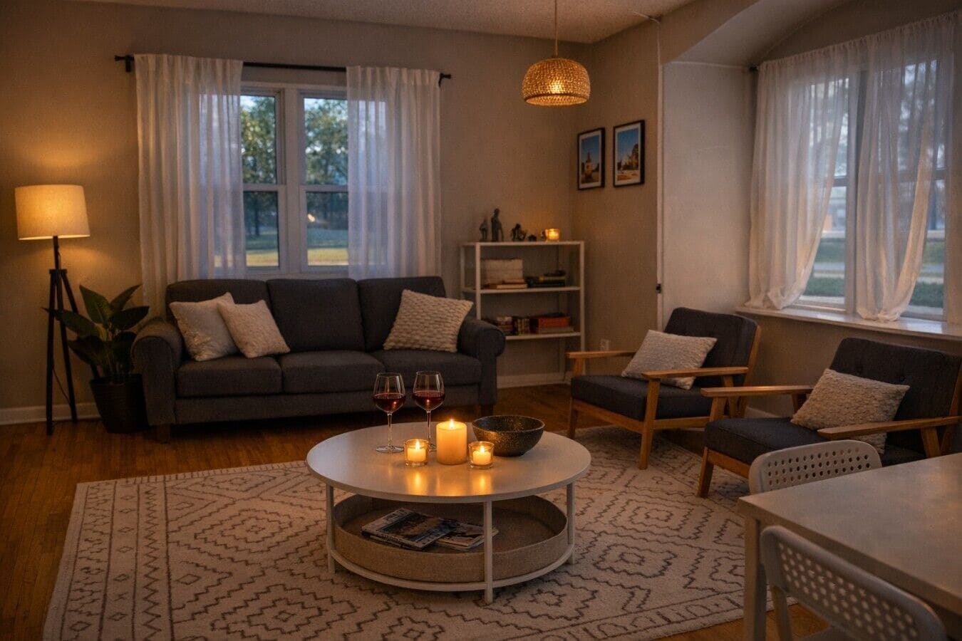 TV, books, stereo, offices