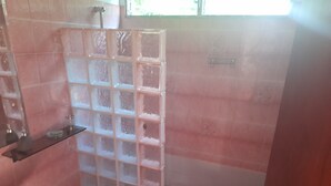 Shower, hair dryer, towels, toilet paper