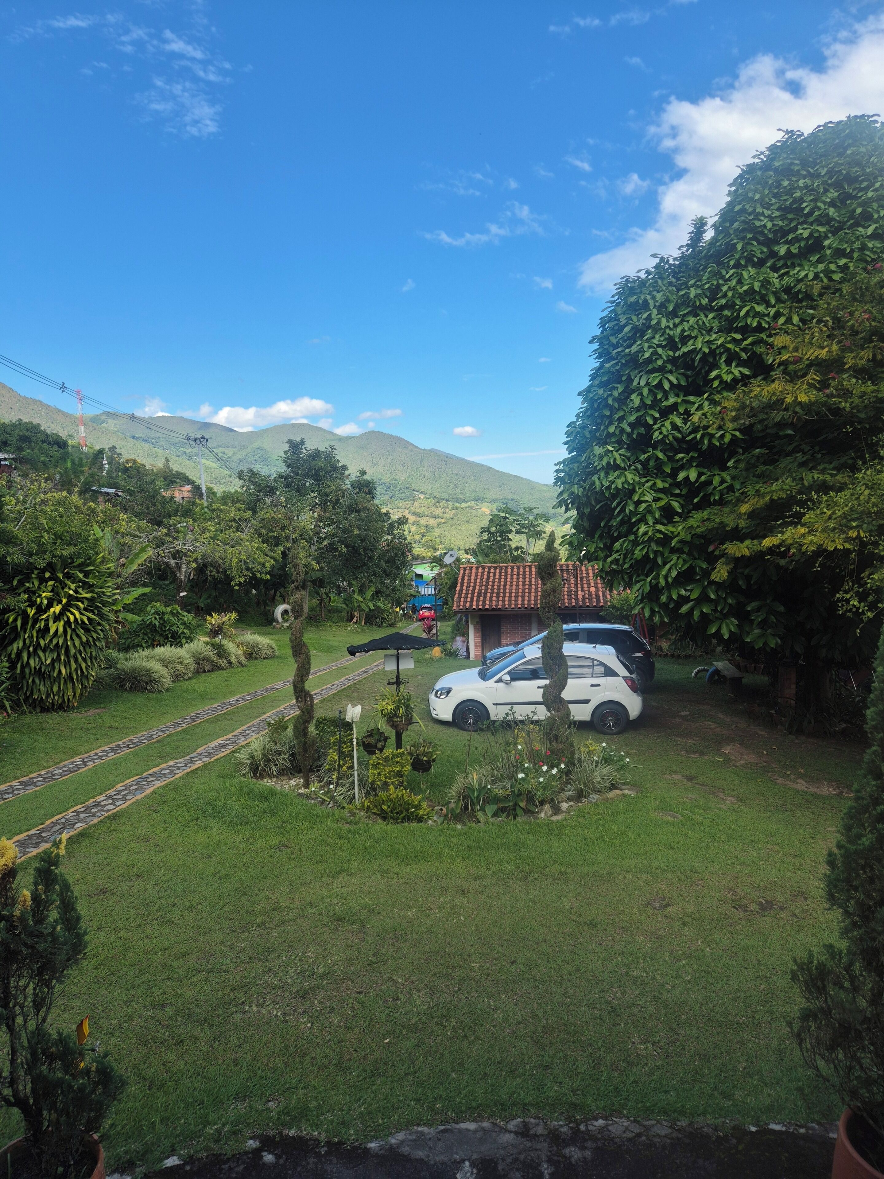 A white car parked in a lush green garden with a red-roofed building in the background.