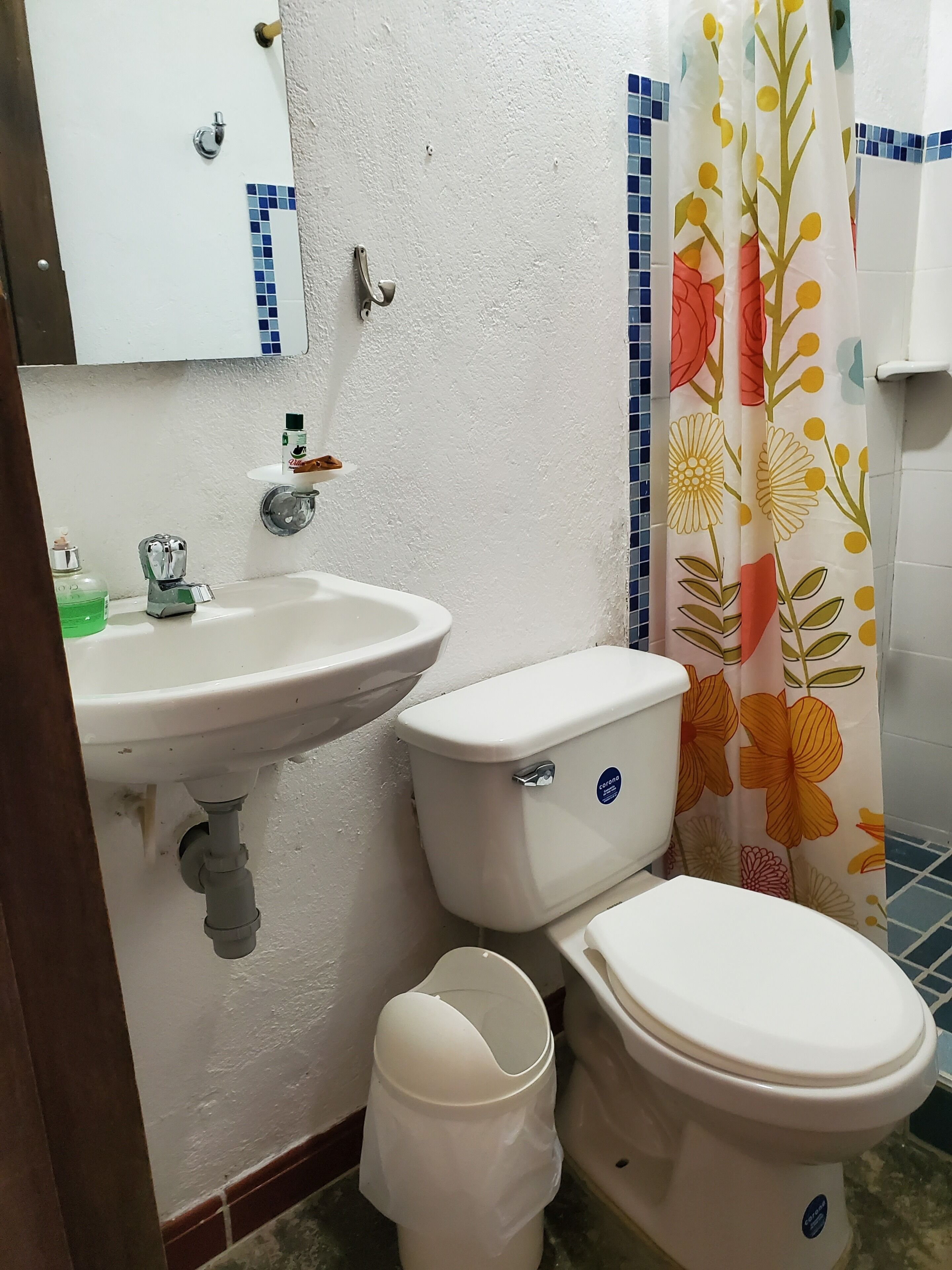 Rainfall showerhead, towels, soap, shampoo