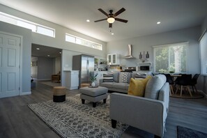 Smart TV, fireplace, foosball