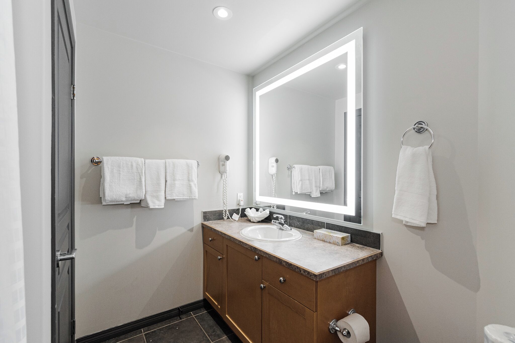 Sèche-cheveux, serviettes fournies, savon, shampoing