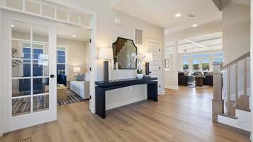 Smart TV, fireplace, video games, DVD player