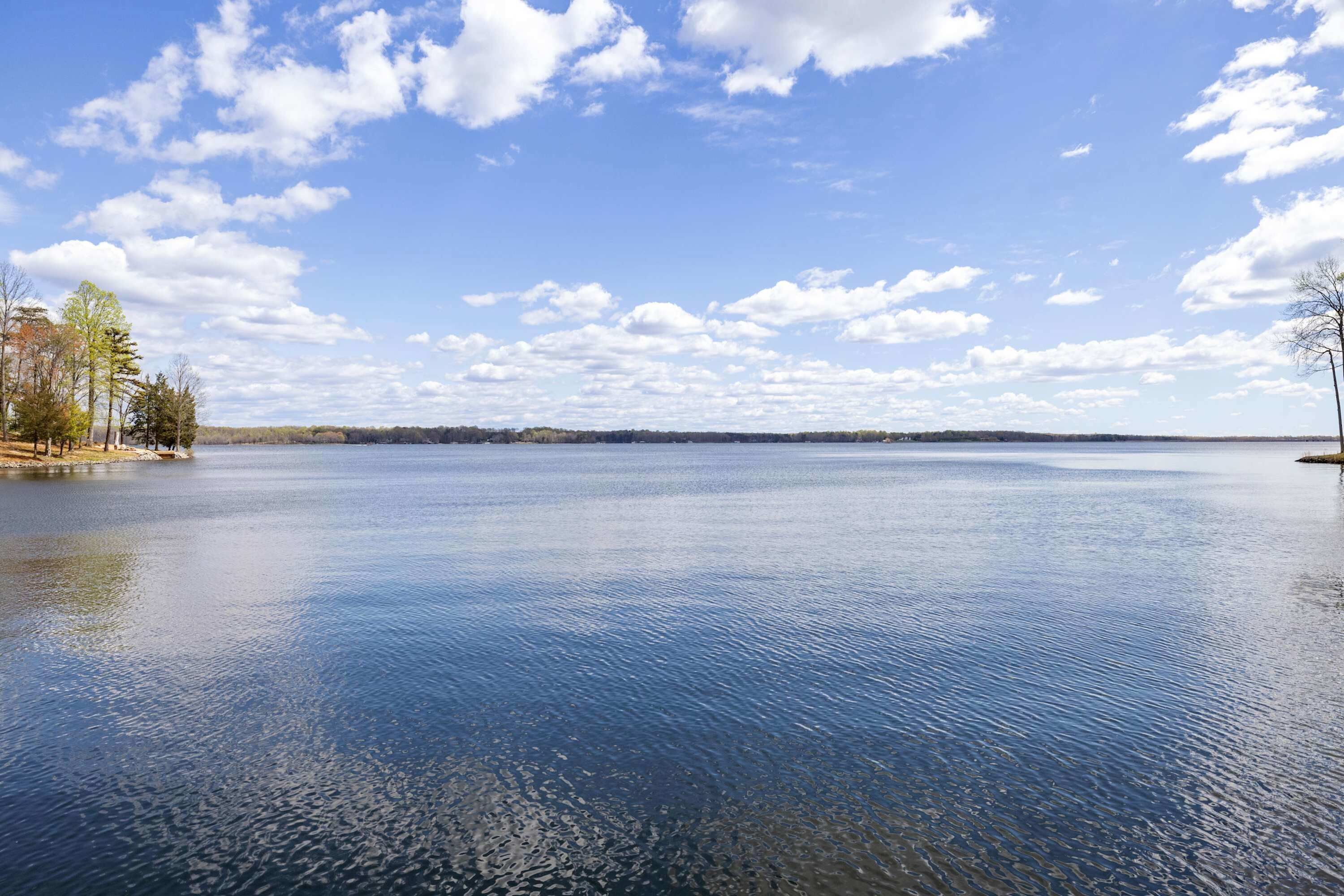 Un lago tranquilo bordeado de árboles y un cielo despejado.