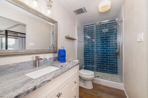 Hair dryer, towels, soap, shampoo