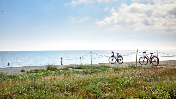 A beach with bicycles chained to a fence, a person walking along the shore, and a clear sky. - Pet friendly home in Stege with WiFi (Stege)