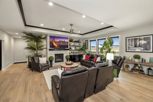 Smart TV, chimenea, libros, estéreo