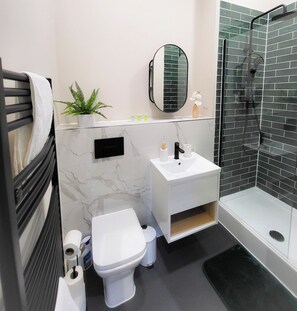 Dusche, Haartrockner, Handtücher, Seife
