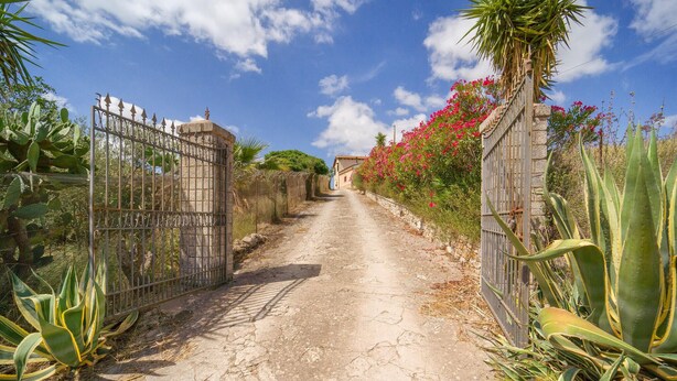 A narrow, paved pathway flanked by metal gates and lush vegetation, leading to a building with a red roof. - Awesome home in Palazzo Adriano (Palazzo Adriano)