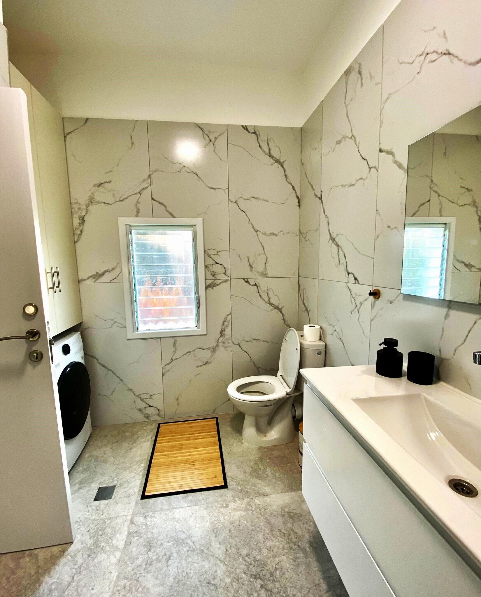 Hair dryer, towels, soap, toilet paper