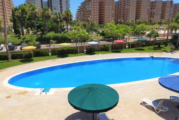 Una piscina con una sombrilla verde, sillas de descanso y un jardín bien cuidado con palmeras.