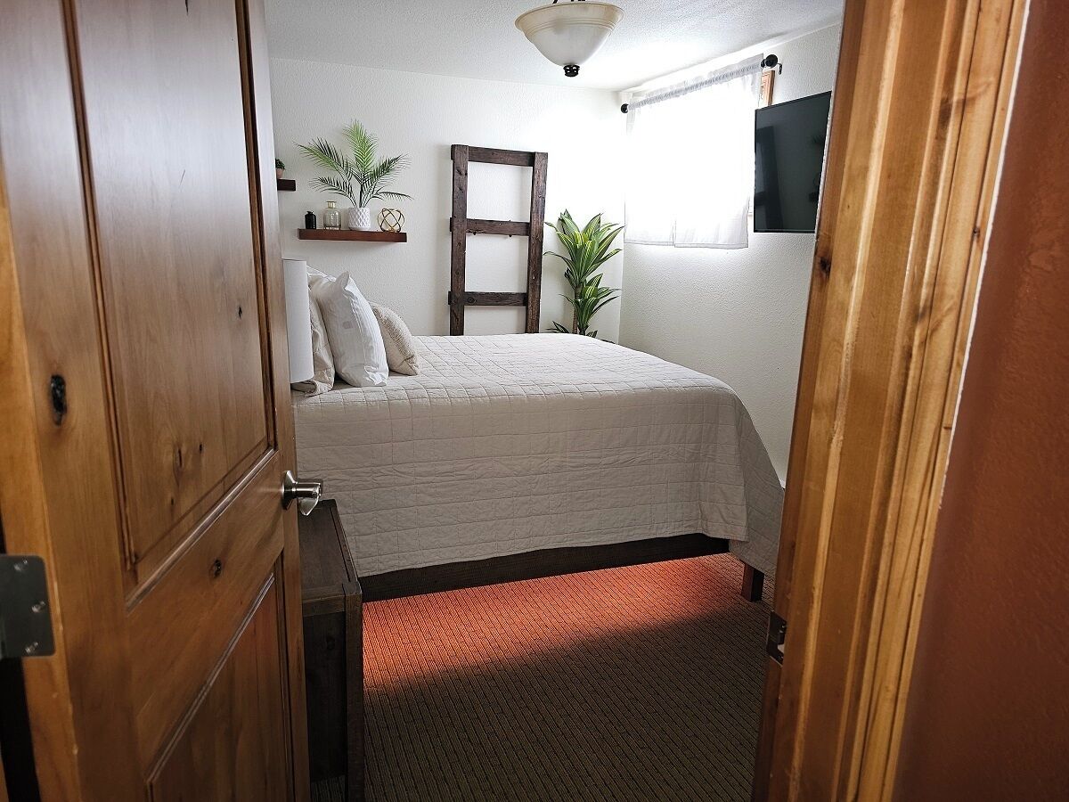 Un dormitorio con una cama, una puerta de madera, una estantería con plantas y una ventana con cortinas.