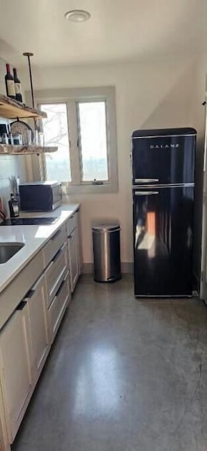 Cucina con frigorifero nero, una finestra e un cestino.