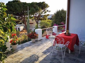 Een terras met een tafel, stoelen, planten in potten en een leuning.