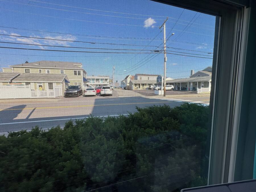 A view through a window with a mesh screen, displaying a street scene with buildings, cars, and power lines.