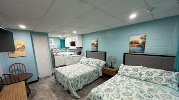 Desk, laptop workspace, free WiFi, bed sheets