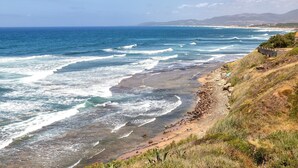 A coastal landscape with a beach, waves, and distant mountains.