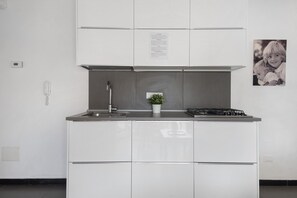 A modern kitchen with white cabinets, a stainless steel range hood, a small potted plant, and a gas stove.