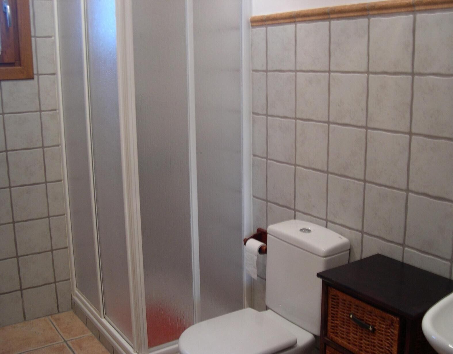 A bathroom with a toilet, a sink, and a shower area.