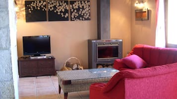 Een televisie, een open haard en een dvd-speler