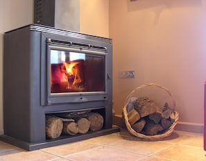 A wood-burning stove with logs stored below and a basket of firewood to the right.